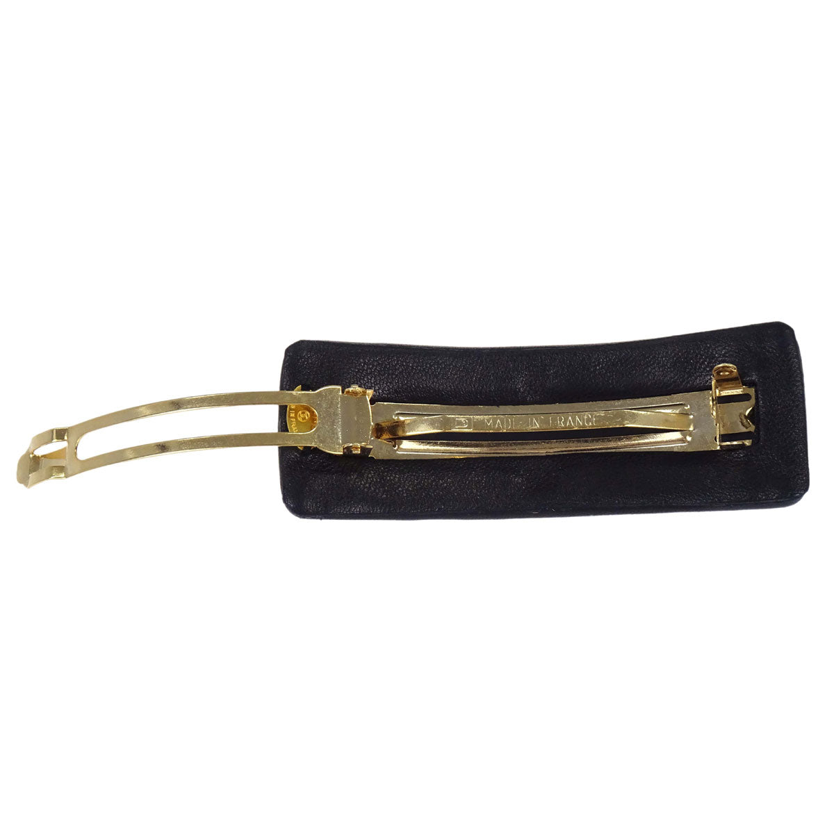Chanel Hair Clip Barrette Turnlock Black Gold Leather Hair Accessories 61