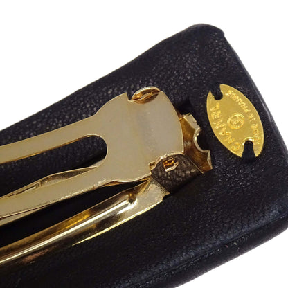 Chanel Hair Clip Barrette Turnlock Black Gold Leather Hair Accessories 61
