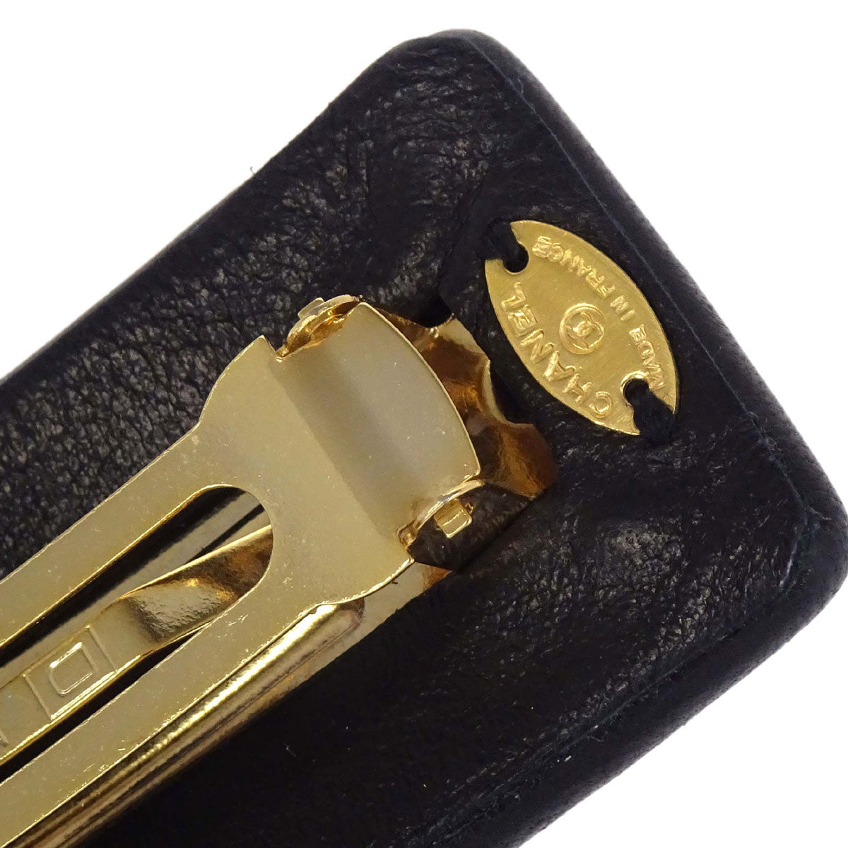 Chanel Hair Clip Barrette Turnlock Black Gold Leather Hair Accessories 61