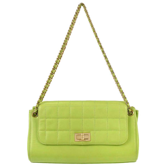 Chanel 2001-2003 Green Lambskin Choco Bar Mademoiselle Lock Shoulder Bag