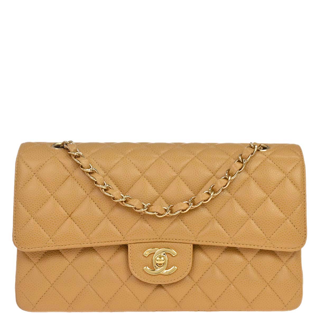 Chanel 2005-2006 Beige Caviar Skin Medium Classic Double Flap Shoulder Bag