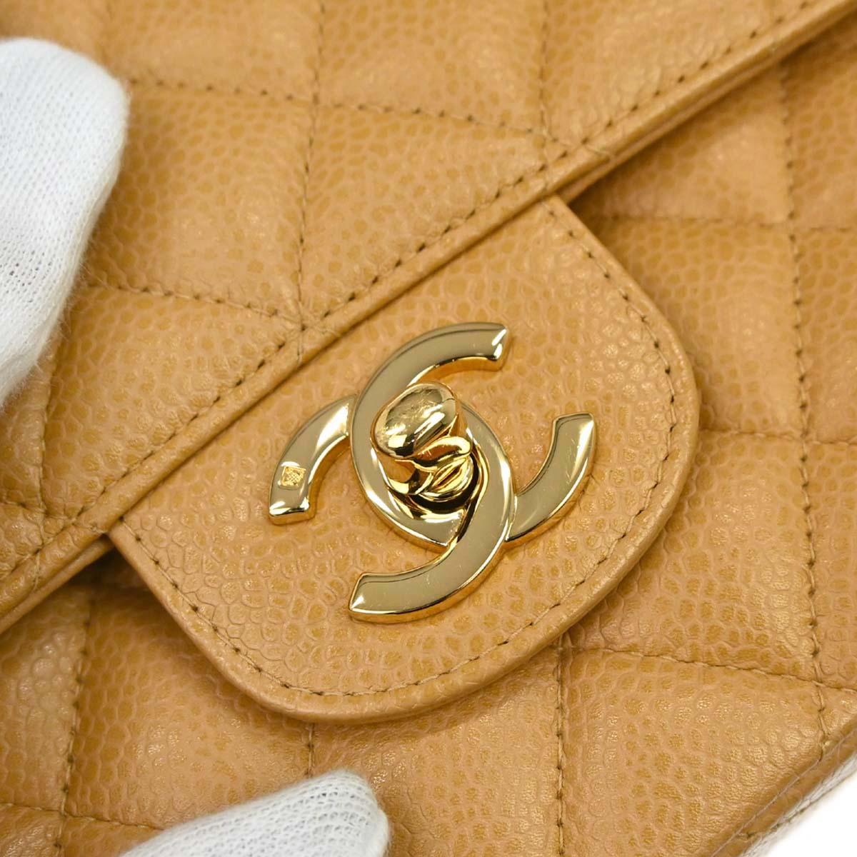 Chanel 2005-2006 Beige Caviar Skin Medium Classic Double Flap Shoulder Bag