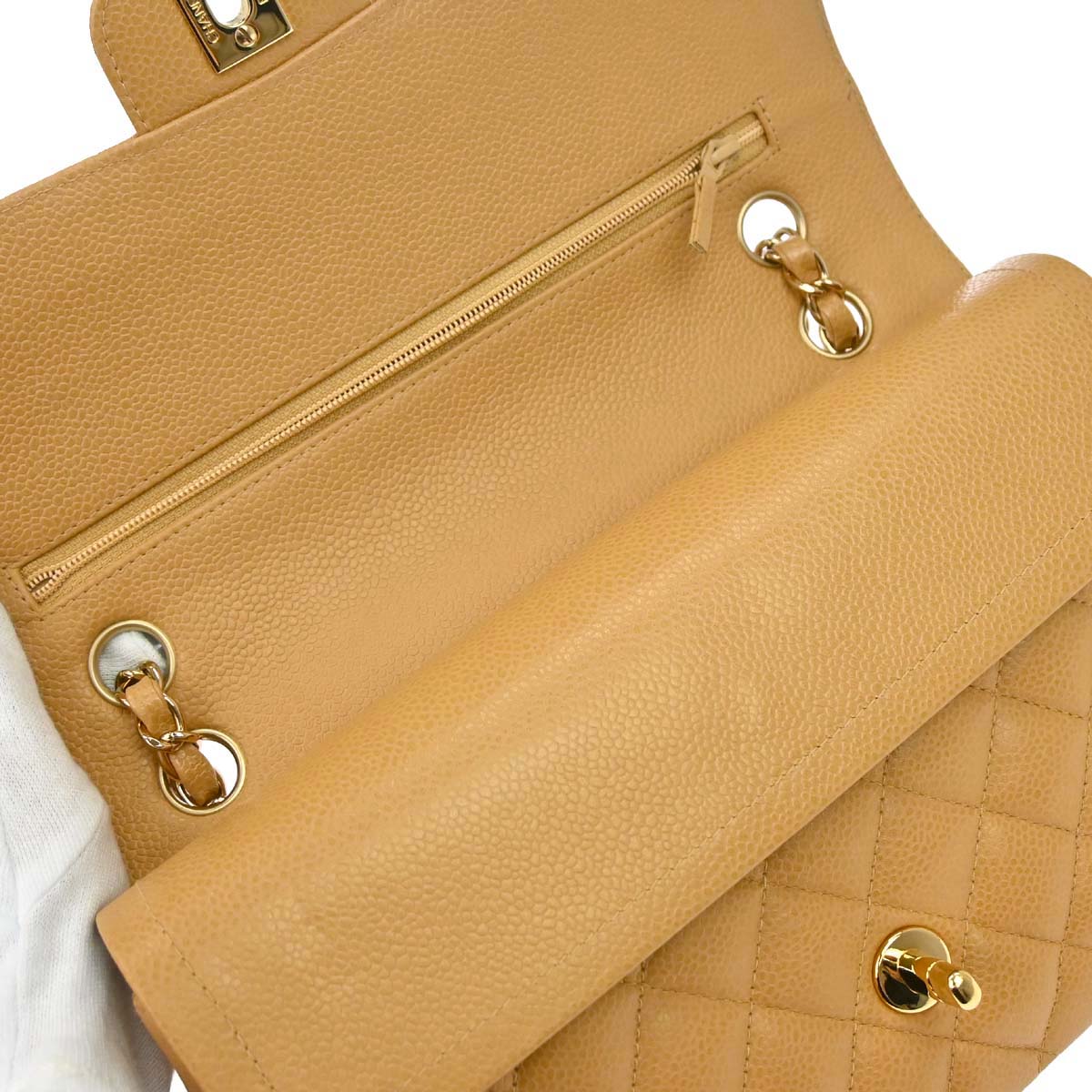 Chanel 2005-2006 Beige Caviar Skin Medium Classic Double Flap Shoulder Bag