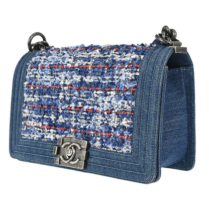 Boy Chanel Blue Tweed Denim Medium Double Chain Shoulder Bag