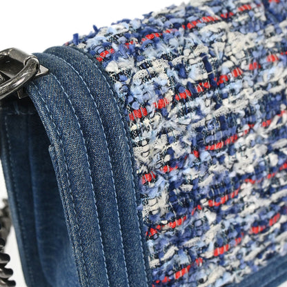 Boy Chanel Blue Tweed Denim Medium Double Chain Shoulder Bag