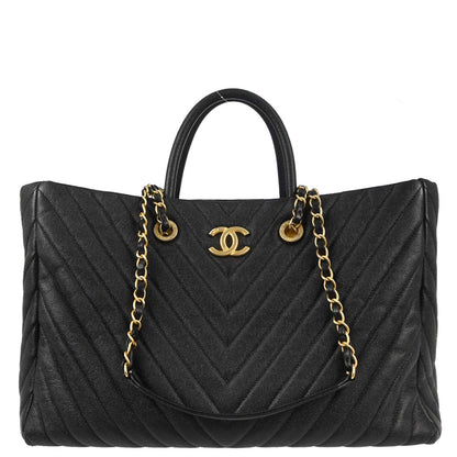 Chanel 2018-2019 Black Caviar Skin Chevron Shopping Tote 2way Shoulder Handbag