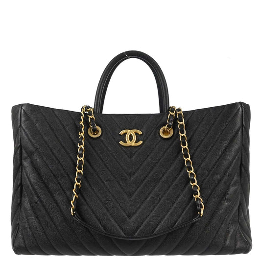 Chanel 2018-2019 Black Caviar Skin Chevron Shopping Tote 2way Shoulder Handbag