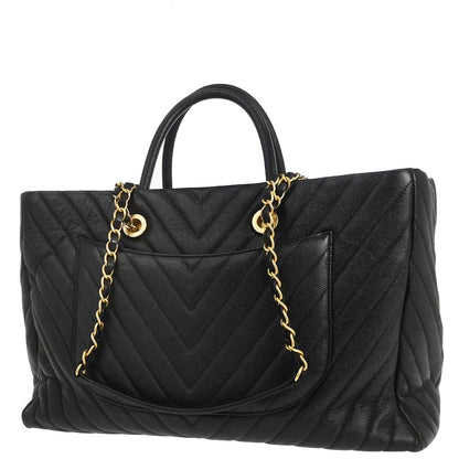 Chanel 2018-2019 Black Caviar Skin Chevron Shopping Tote 2way Shoulder Handbag