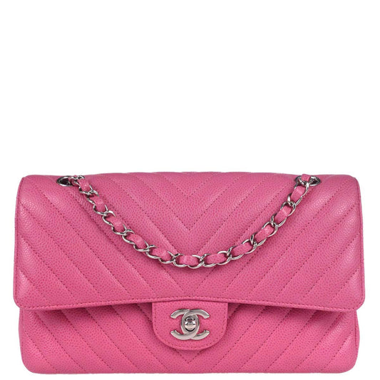 Chanel 2019 Pink Caviar Skin Chevron Medium Double Flap Shoulder Bag