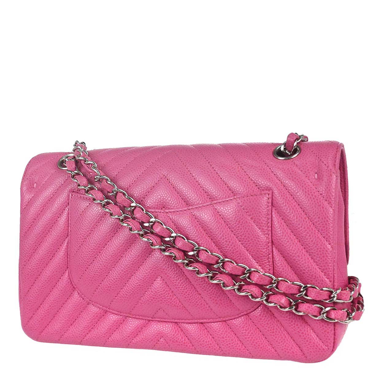 Chanel 2019 Pink Caviar Skin Chevron Medium Double Flap Shoulder Bag