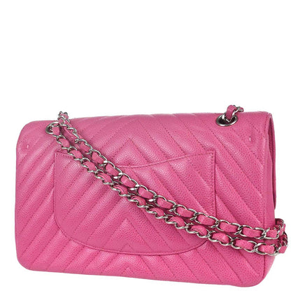 Chanel 2019 Pink Caviar Skin Chevron Medium Double Flap Shoulder Bag