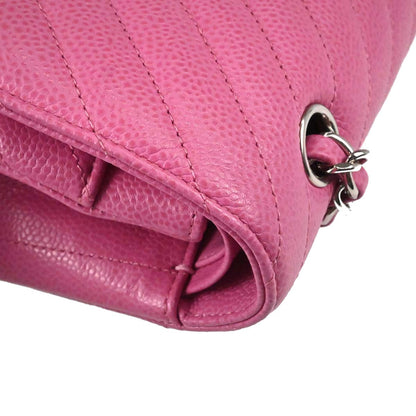 Chanel 2019 Pink Caviar Skin Chevron Medium Double Flap Shoulder Bag