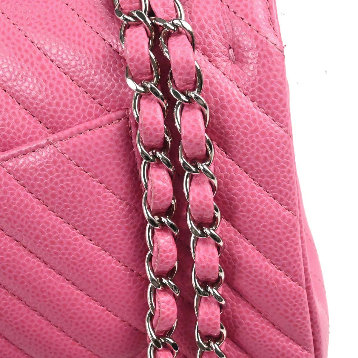Chanel 2019 Pink Caviar Skin Chevron Medium Double Flap Shoulder Bag