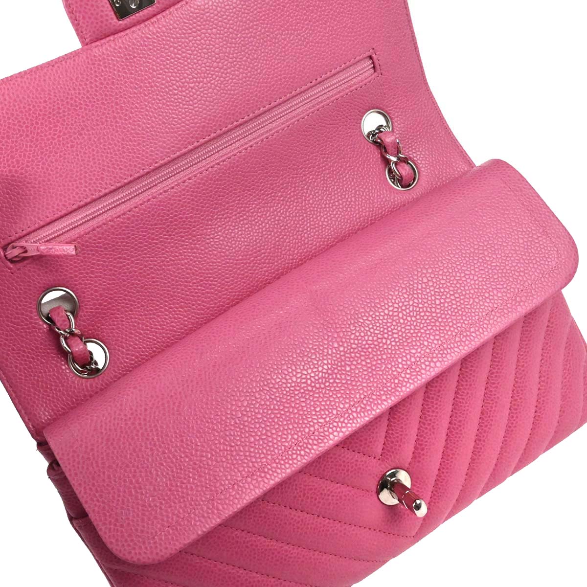 Chanel 2019 Pink Caviar Skin Chevron Medium Double Flap Shoulder Bag