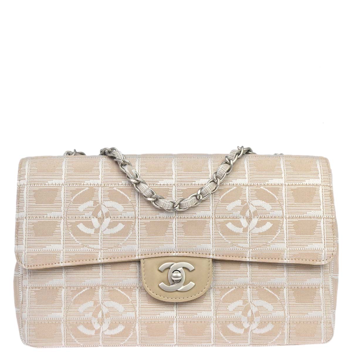 Chanel 2000-2002 Beige Nylon Jacquard Travel Single Flap Shoulder Bag