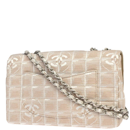 Chanel 2000-2002 Beige Nylon Jacquard Travel Single Flap Shoulder Bag