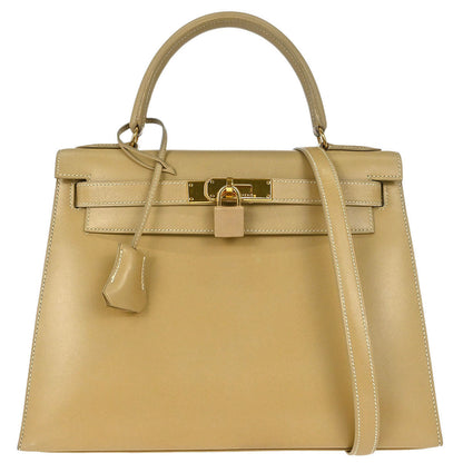 Hermes Beige Box Calf Kelly 28 Sellier 2way Shoulder Handbag