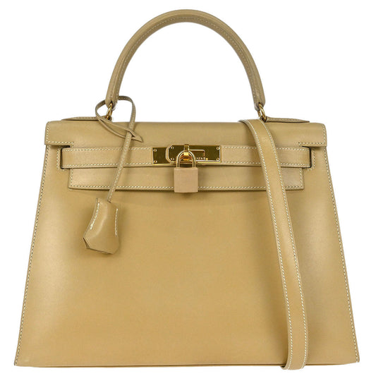 Hermes Beige Box Calf Kelly 28 Sellier 2way Shoulder Handbag