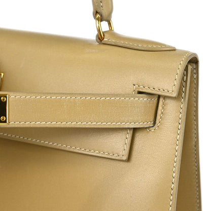 Hermes Beige Box Calf Kelly 28 Sellier 2way Shoulder Handbag