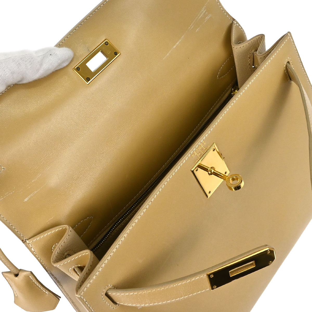Hermes Beige Box Calf Kelly 28 Sellier 2way Shoulder Handbag