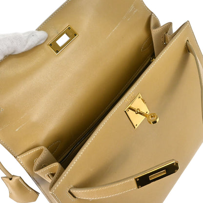Hermes Beige Box Calf Kelly 28 Sellier 2way Shoulder Handbag