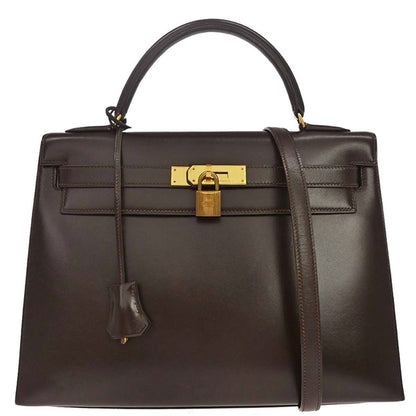 Hermes 1990 Chocolat Box Calf Kelly 32 Sellier 2way Shoulder Handbag