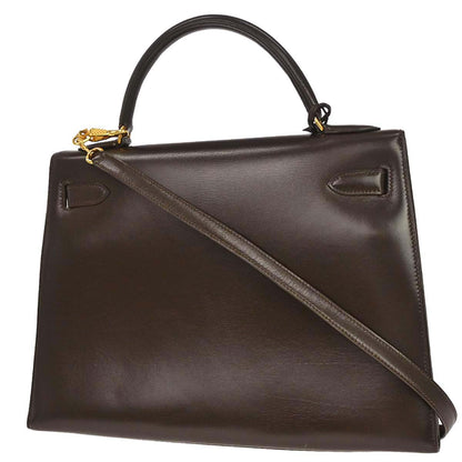 Hermes 1990 Chocolat Box Calf Kelly 32 Sellier 2way Shoulder Handbag