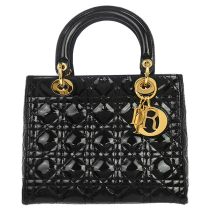 Christian Dior 1997 Black Patent Leather Medium Lady Dior Cannage Handbag