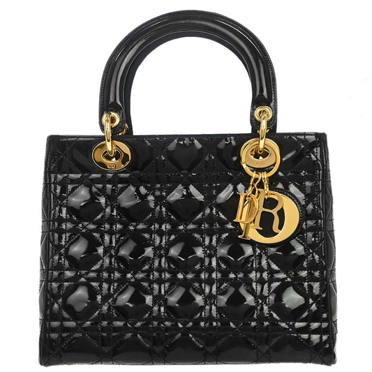 Christian Dior 1997 Black Patent Leather Medium Lady Dior Cannage Handbag