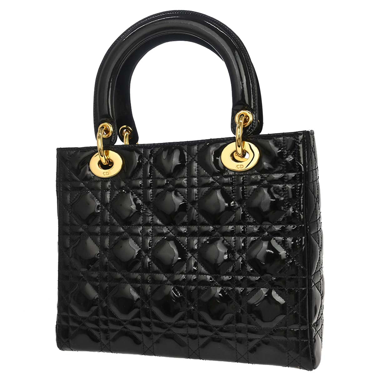Christian Dior 1997 Black Patent Leather Medium Lady Dior Cannage Handbag