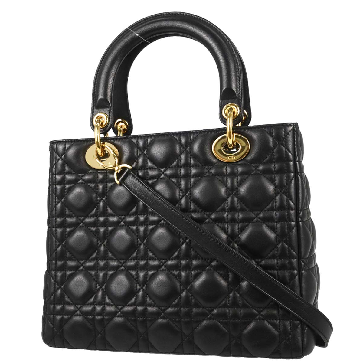 Christian Dior Black Lambskin Lady Dior Cannage 2way Shoulder Handbag