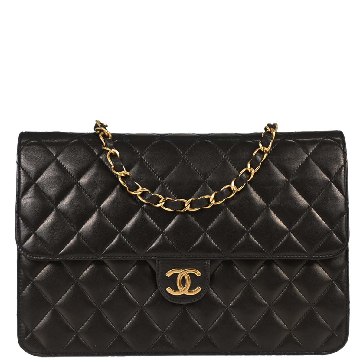 Chanel 1994-1996 Black Lambskin Pushlock Medium Half Flap Shoulder Bag