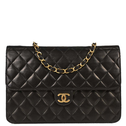 Chanel 1994-1996 Black Lambskin Pushlock Medium Half Flap Shoulder Bag