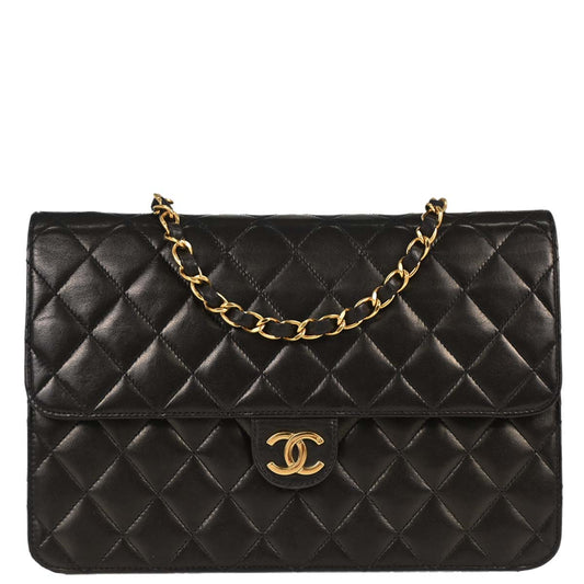 Chanel 1994-1996 Black Lambskin Pushlock Medium Half Flap Shoulder Bag