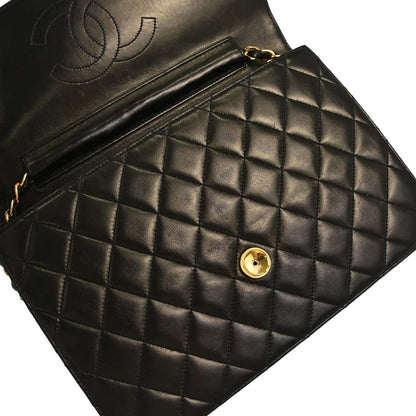 Chanel 1994-1996 Black Lambskin Pushlock Medium Half Flap Shoulder Bag