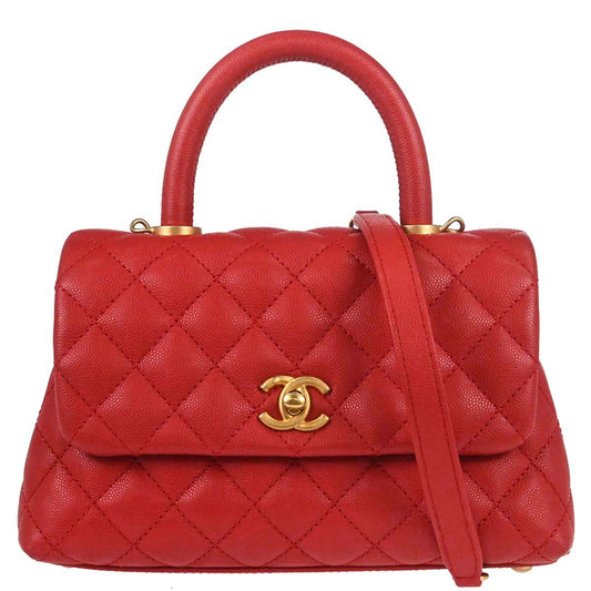 Chanel 2019 Red Caviar Skin Coco Handle 2way Shoulder Handbag
