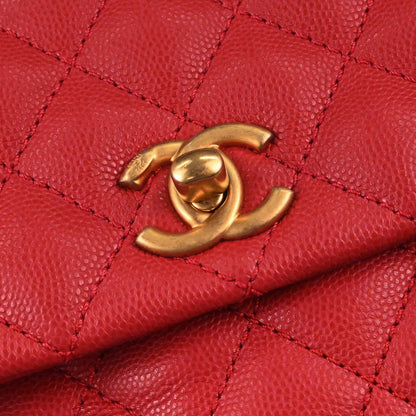Chanel 2019 Red Caviar Skin Coco Handle 2way Shoulder Handbag
