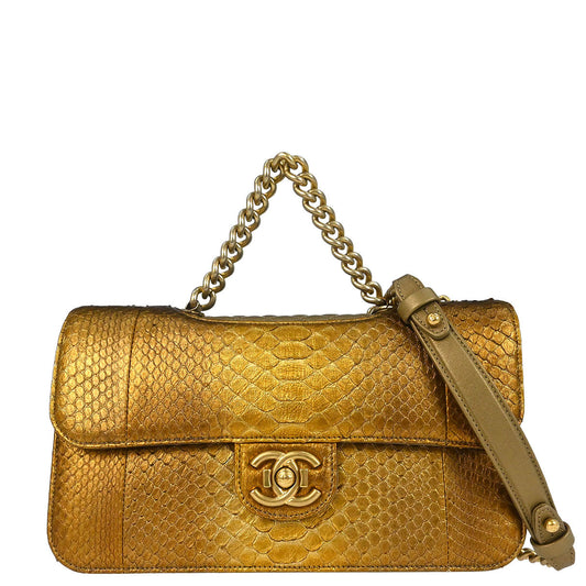 Chanel * 2014-2015 Gold Python Perfect Edge Flap Bag 2way Shoulder Handbag