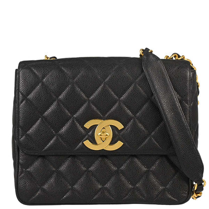 Chanel Black Caviar Skin Straight Flap Shoulder Bag