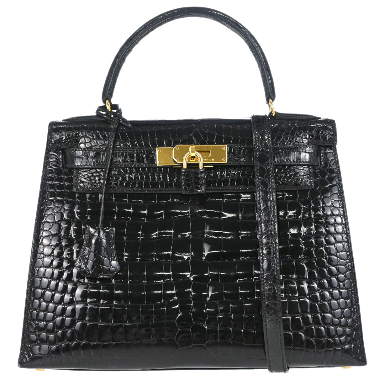 Hermes * 1996 Black Porosus Kelly 28 Sellier 2way Shoulder Handbag