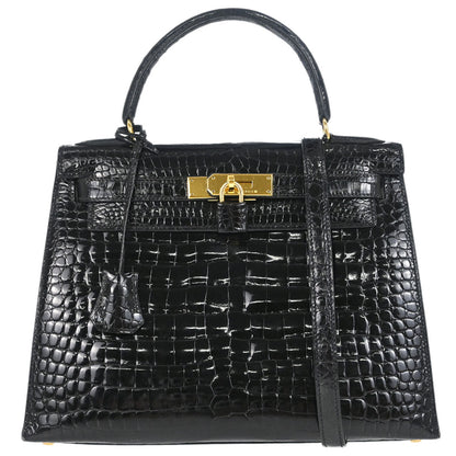 Hermes * 1996 Black Porosus Kelly 28 Sellier 2way Shoulder Handbag