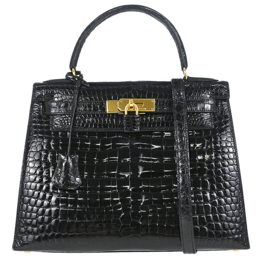 Hermes * 1996 Black Porosus Kelly 28 Sellier 2way Shoulder Handbag