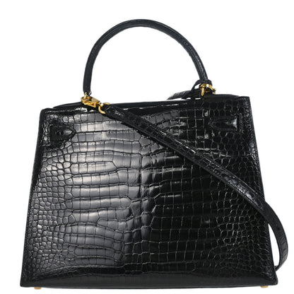 Hermes * 1996 Black Porosus Kelly 28 Sellier 2way Shoulder Handbag