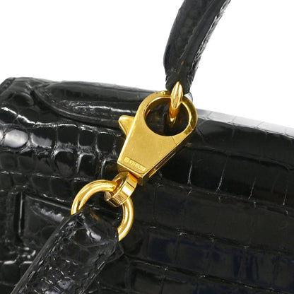 Hermes * 1996 Black Porosus Kelly 28 Sellier 2way Shoulder Handbag