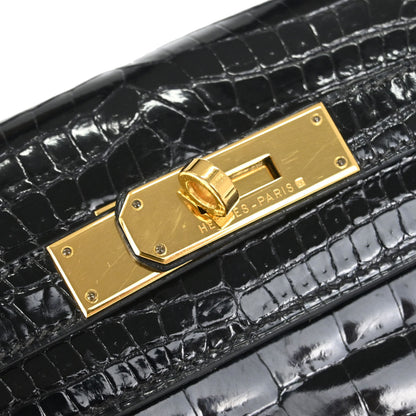 Hermes * 1996 Black Porosus Kelly 28 Sellier 2way Shoulder Handbag