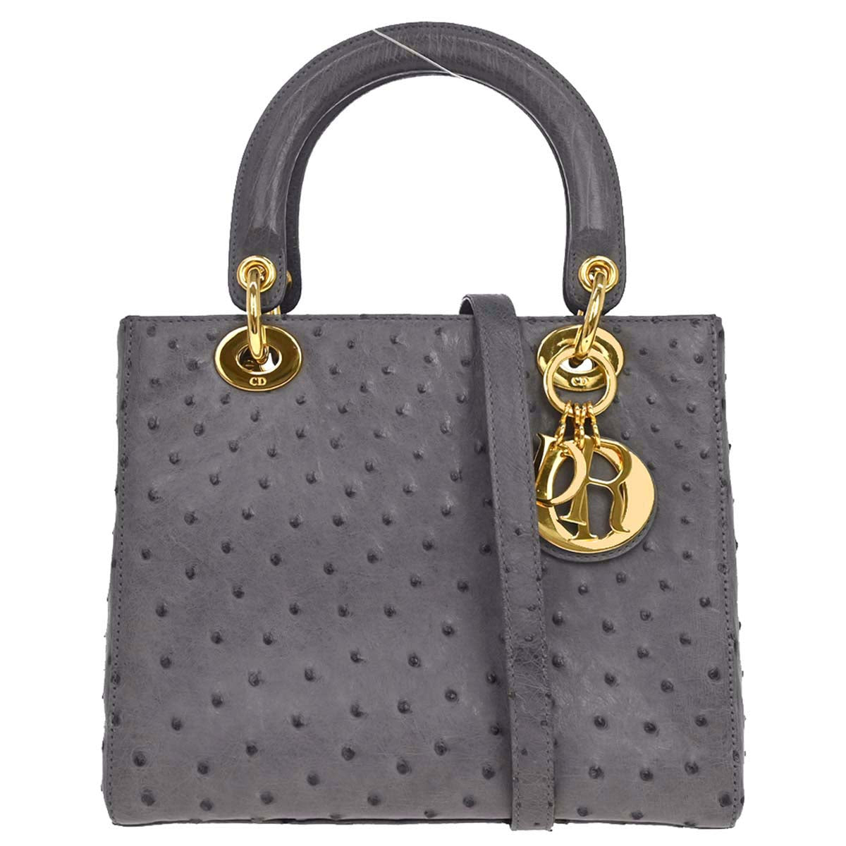 Christian Dior * Gray Ostrich Medium Lady Dior 2way Shoulder Handbag