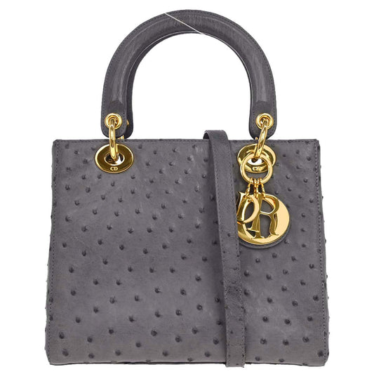 Christian Dior * Gray Ostrich Medium Lady Dior 2way Shoulder Handbag