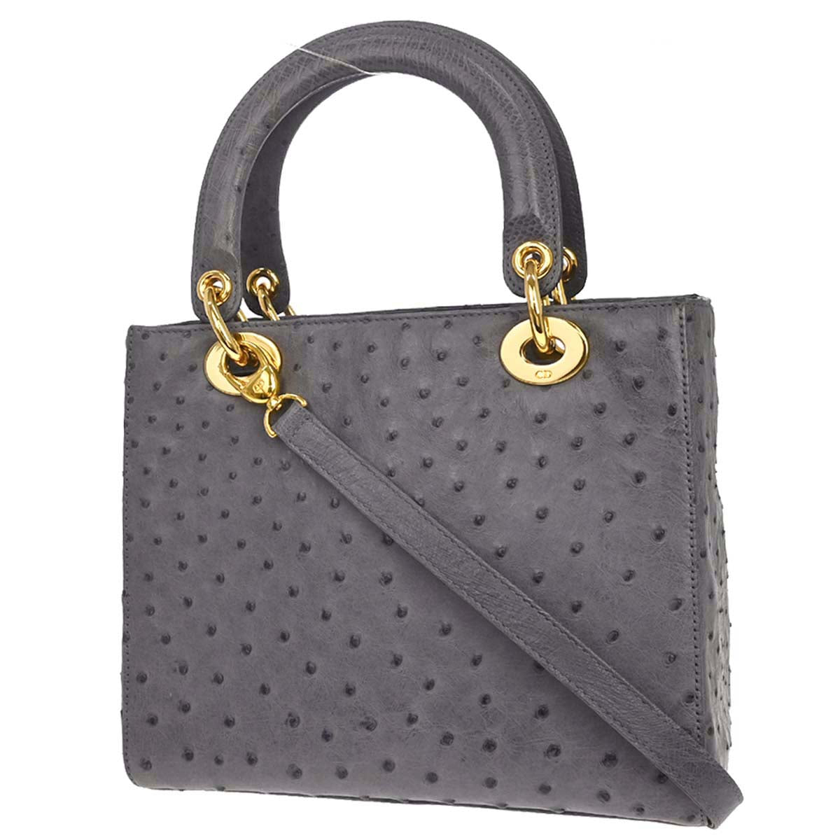 Christian Dior * Gray Ostrich Medium Lady Dior 2way Shoulder Handbag