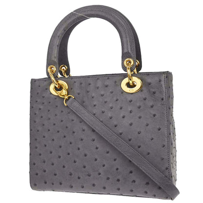 Christian Dior * Gray Ostrich Medium Lady Dior 2way Shoulder Handbag