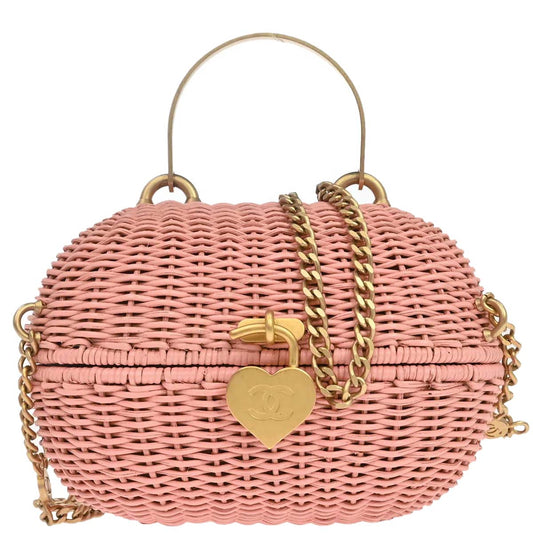 Chanel 2005-2006 Pink Rattan Heart Lock Basket Bag 2way Shoulder Handbag